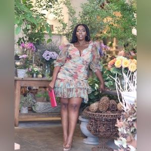 Puff Sleeve Ruffle Multicolor Dress